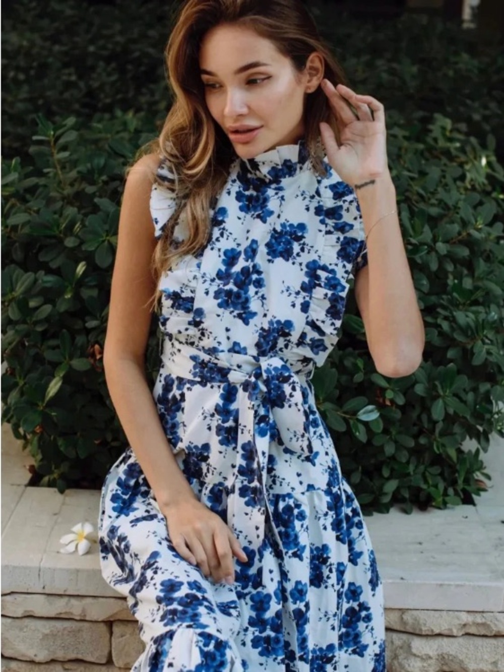 Sleeveless Blue Floral Midi Dress with Tie Waist